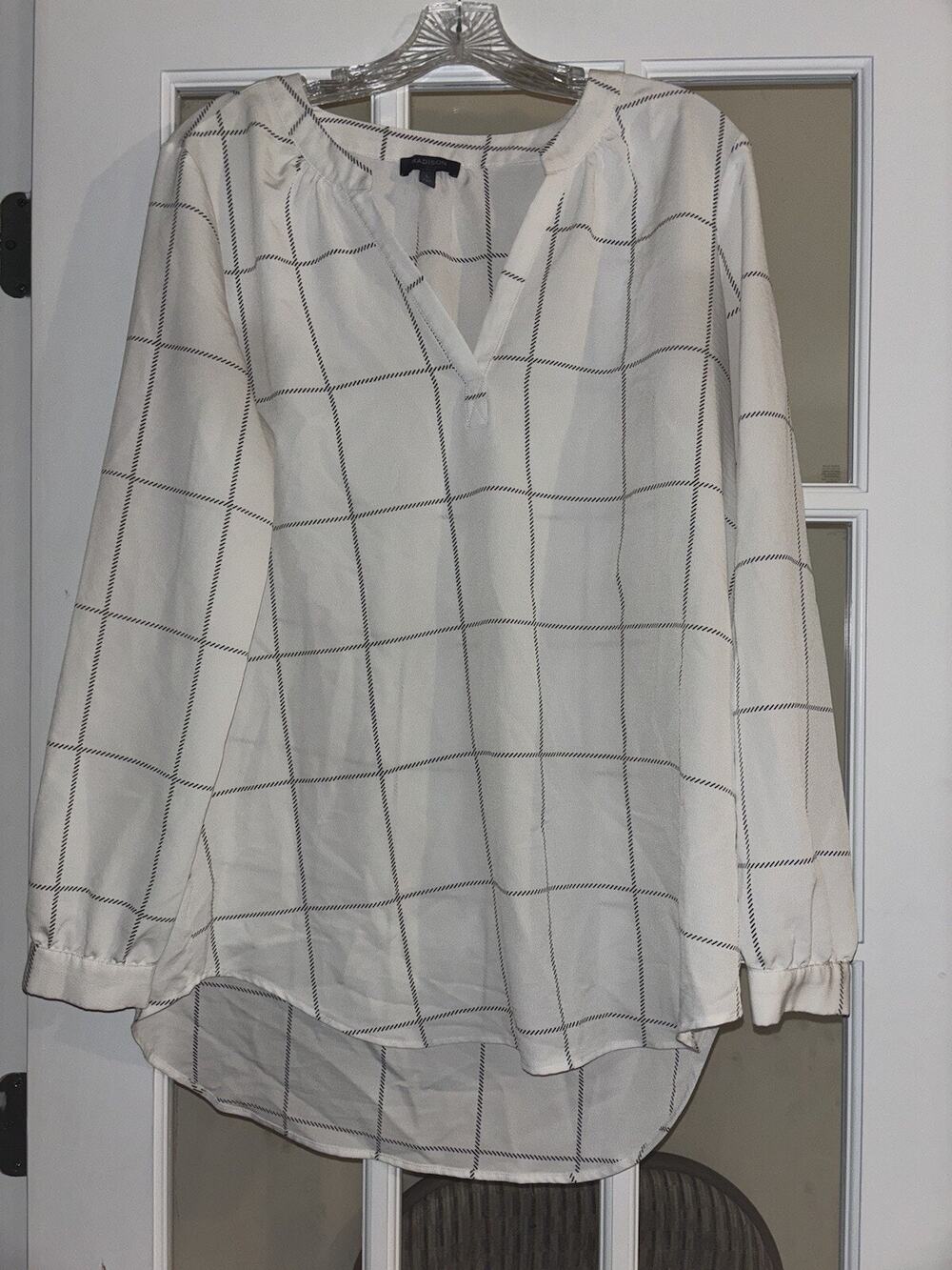 Madison black/white grid style classy shirt v neck long sleeve business large